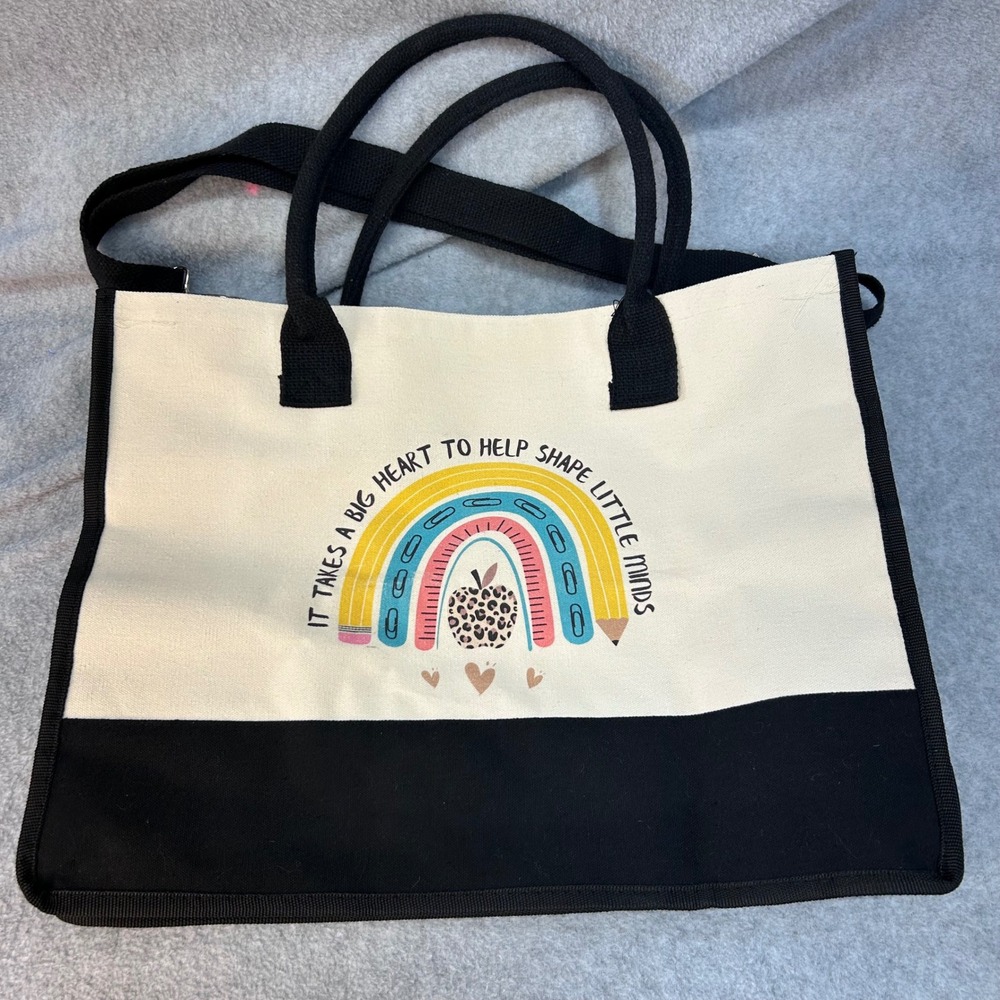 Big Heart Shape Little Minds Teacher Bag Black White Canvas Tote Rainbow OS